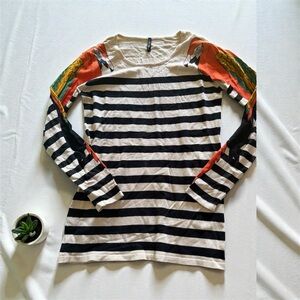 Striped Long Sleeve Top with Colorful Parrot Sleeves
